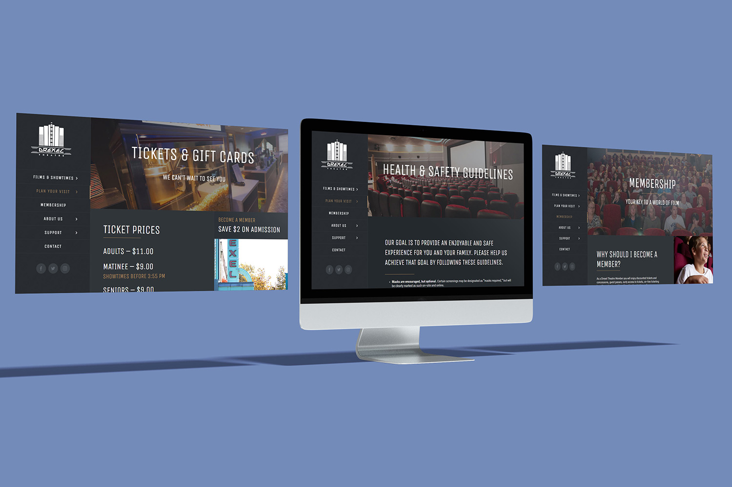Drexel Theatre Website Redesign desktop screens with pages from the website